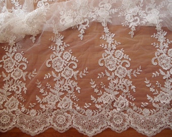 5 yards ivory cord lace fabric with sequins, sequined alencon lace fabric, bridal lace fabric