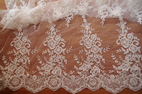 5 yards ivory cord lace fabric with sequins, sequined alencon lace fabric, bridal lace fabric