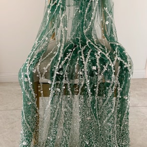 Dark green Heavy bead tulle lace fabric with florals for bridal dress, beading and sequined mesh fabric for wedding gown