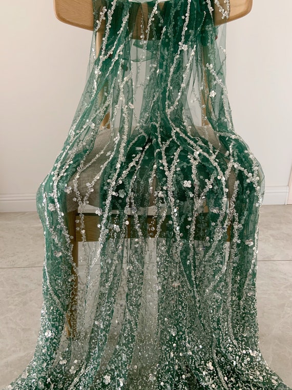 Dark green Heavy bead tulle lace fabric with florals for bridal dress, beading and sequined mesh fabric for wedding gown