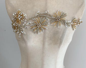 Hand bead Rhinestone applique with gold daisy, bead flower patch for dress alterations