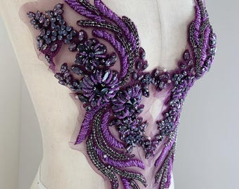 Aplicación de pedrería violeta púrpura, parche de cristal para el corpiño, parche de pedrería para traje de baile