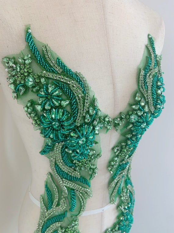 Light green rhinestone applique, crystal bodice patch, heavy rhinestone bead applique for couture and dance costume