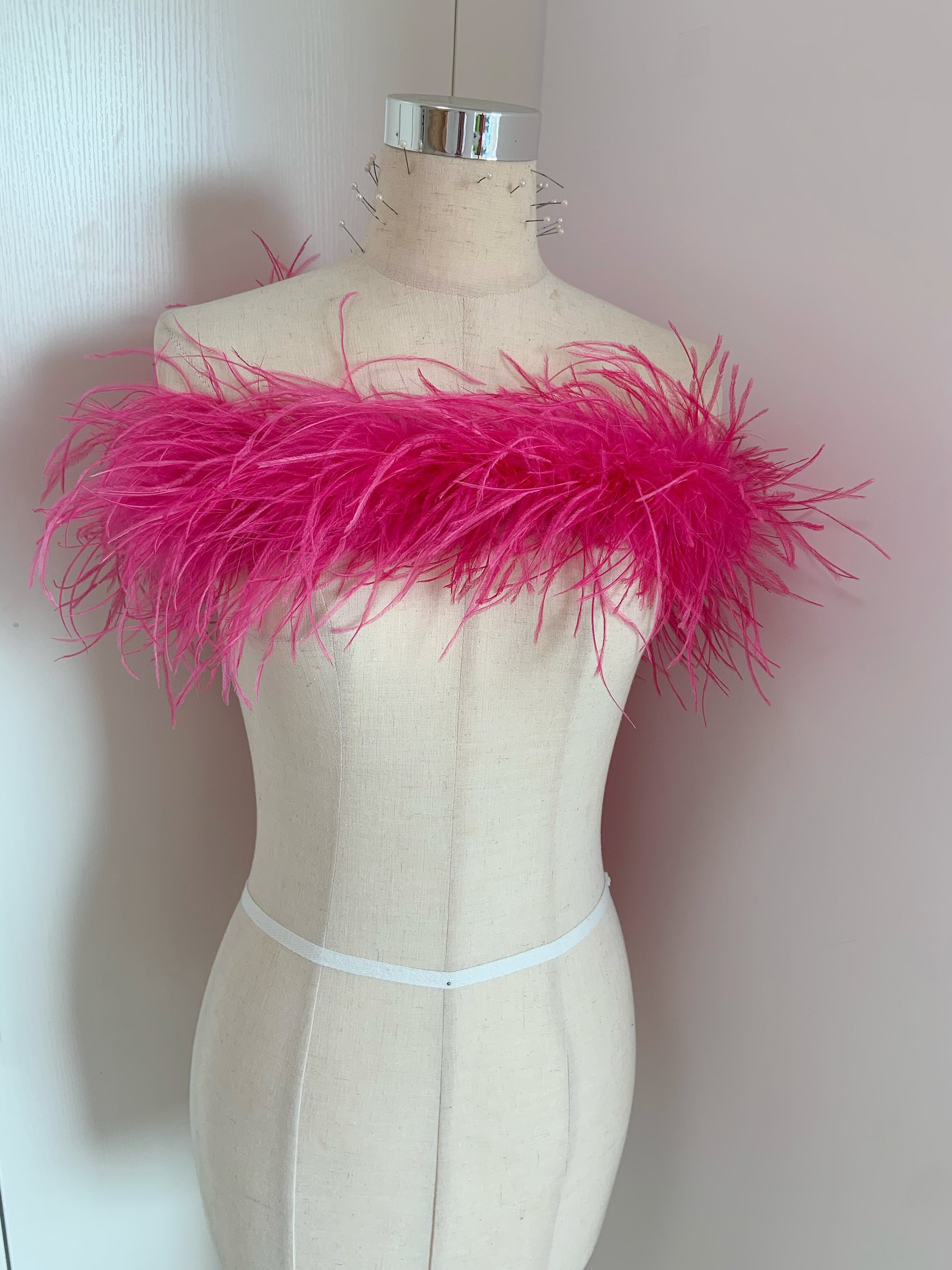 Ostrich Feathers Trimmed Off Shoulder Top in Baby Pink - Ivan