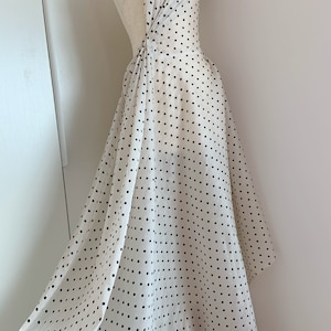 Ivory satin fabric with velvet polka dots, vintage elegant satin fabric for couture apparel, smooth, well drape