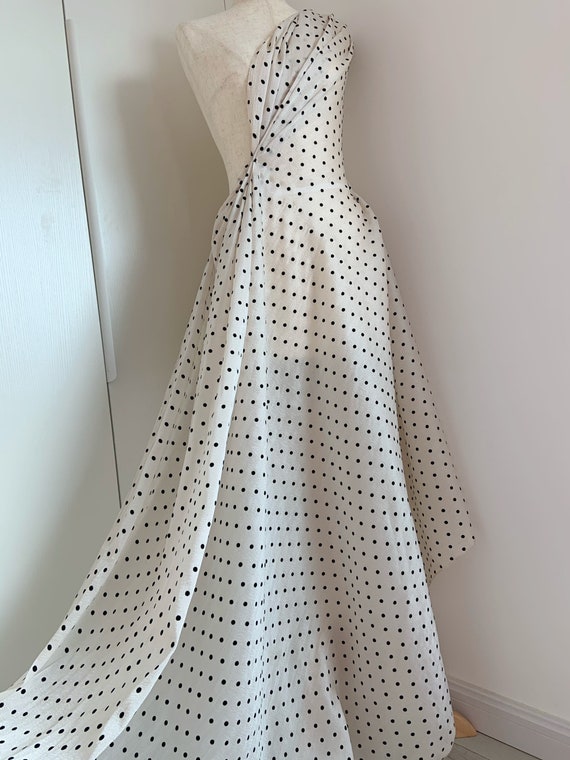 Ivory satin fabric with velvet polka dots, vintage elegant satin fabric for couture apparel, smooth, well drape