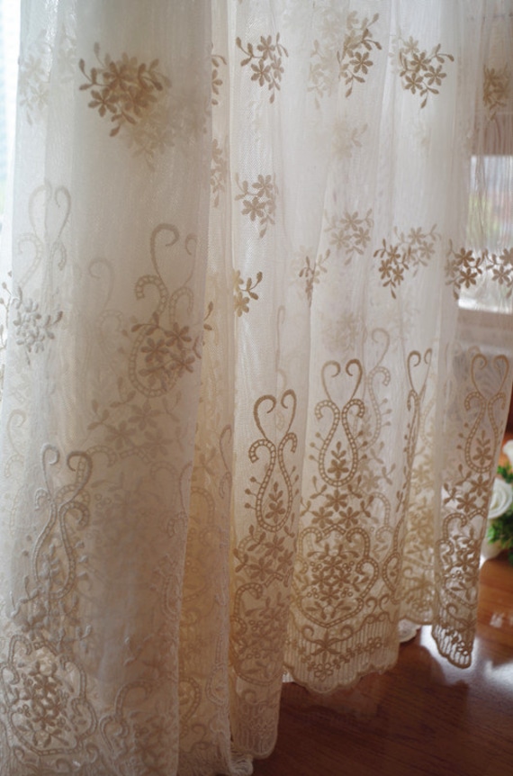ivory cream Lace fabric, Embroidered tulle lace fabric, mesh lace fabric, curtain fabric, scalloped lace fabric
