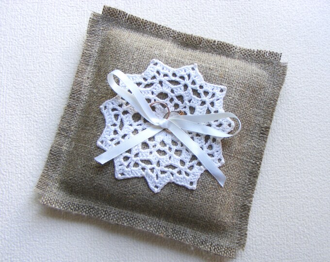 Ring Pillow, Burlap Ring Pillow, Wedding Ring Bearer Pillow, Crochet