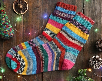 Women's scrappy socks EU 37-38, US 6-7, UK 4-5, hand knit socks, women wool socks, multicolor striped socks, winter, mid calf socks