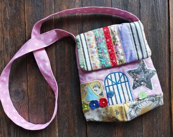 Girl's house bag, doll house bag, country house shoulder bag, cottage house bag, patchwork handmade bag, pink children bag, gift for girl
