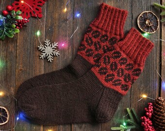 Knitted socks with cofee ornament, EU 38-39, US 7-8, UK 5-6, women's wool socks, coffee lover gift, winter socks, outdoors gift, brown socks