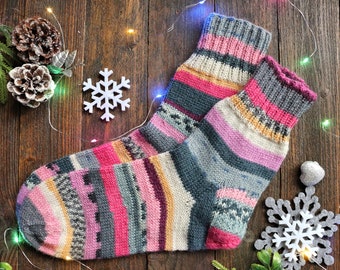 Women's striped knit socks EU 39-40, US 8-8.5, UK 6-6.5, scrappy socks, women wool socks, multicolor mismatched socks, winter, handknitsocks