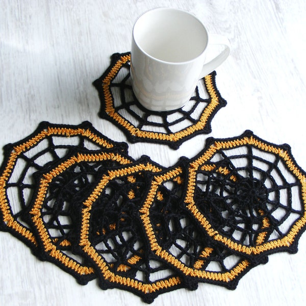 Halloween coasters, set of 6, crochet spider web coasters, black orange, home decor, Halloween ornaments, table decor, Ready for shipping