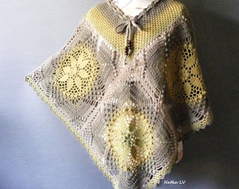 Wool poncho, women crochet poncho, boho poncho, bohemian wear, crocheted wrap, granny square poncho, crochet cape, grey gray yellow clothes