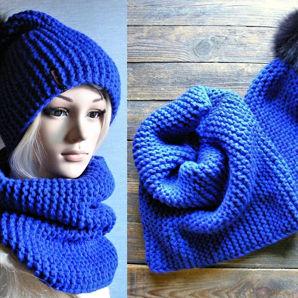 Knit hat and cowl, royal blue knitted women set, wool hat with natural fur black pompom, winter scarf and hat set, blue pompom hat