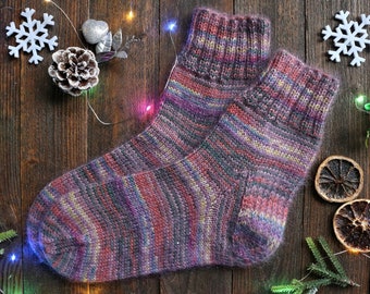 Damen Wollsocken 38-39, warme Wintersocken, bunt gestreifte Socken, Wadensocken, lila grün gelb, Stricksocken