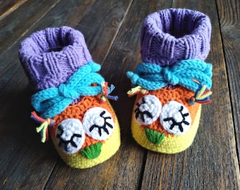 Owl baby booties, crochet unisex baby booties, multicolor booties, baby summer shoes, baby foot wear, newborn booties, shower gift