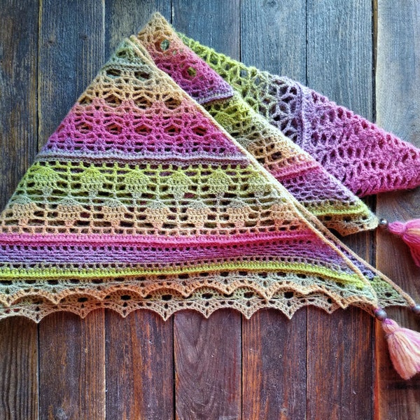 Châle en laine au crochet, châle multicolore fait à la main, châle de couleur dégradée, foulard triangle pour femme, enveloppement, fait à la main, châle vert jaune rose violet violet