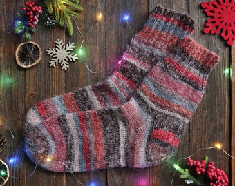 Men's wool socks EU 43-44, US 10-11.5, UK 9-10, scrappy socks, men knit socks, multicolor striped socks, winter, mid calf socks, brown beige