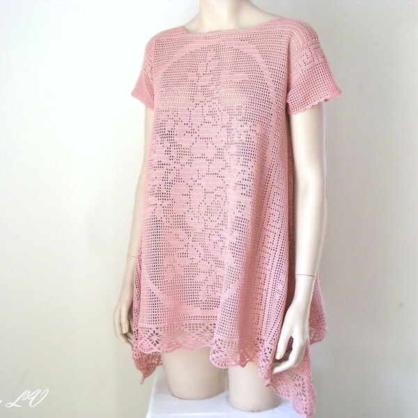 Crochet tunic, boho bohemian tunic, assymetric, summer top, tea rose, pale rose, lace tunic, women summer clothes, flower pattern, plus size