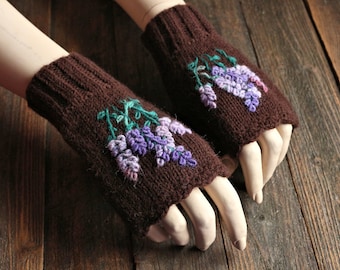 Knit fingerless mittens with lavender, handmade knitted wool gloves, brown wrist warmers, women wool handwarmers, embroidered, gift for her