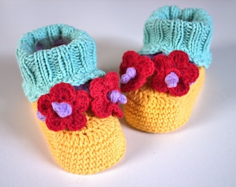 Girl baby booties, flower baby booties, handmade booties, baby summer shoes, baby foot wear, newborn booties, shower gift, yellow red mint