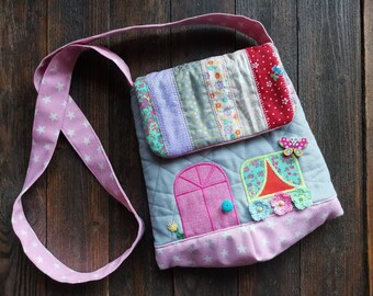 Kids house bag, doll house bag, girl's countrys house shoulder bag, cottage house bag, patchwork handmade bag, children bag, gift for girl