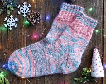 Damen Stricksocken EU 38-39, US 7-8, UK 5-6, warme Wintersocken, multicolor gestreifte Socken, mittlere Wadensocken, rosa blau gestrickt, Geschenk für Sie