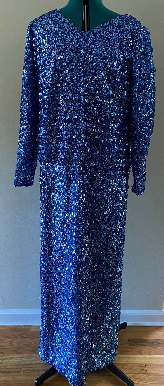 Vintage 80s Sapphire Blue Sequin Evening Gown - image 1