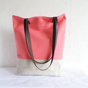 Salmon pink tote bag, spring tote bag, dark salmon tote bag, linen and cotton tote bag, Summer beach tote bag, Bridesmaid gift tote bag