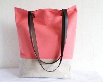 Salmon pink tote bag, spring tote bag, dark salmon tote bag, linen and cotton tote bag, Summer beach tote bag, Bridesmaid gift tote bag