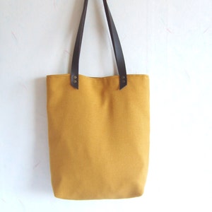 Mustard Yellow Cotton Tote Bag: Leather Straps, Victorian Print Lining