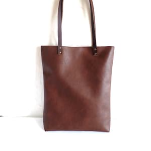 Leather tote bag, Large everyday casual tote bag, Chocolate brown vegan leather tote shoulder bag with real leather handles image 2