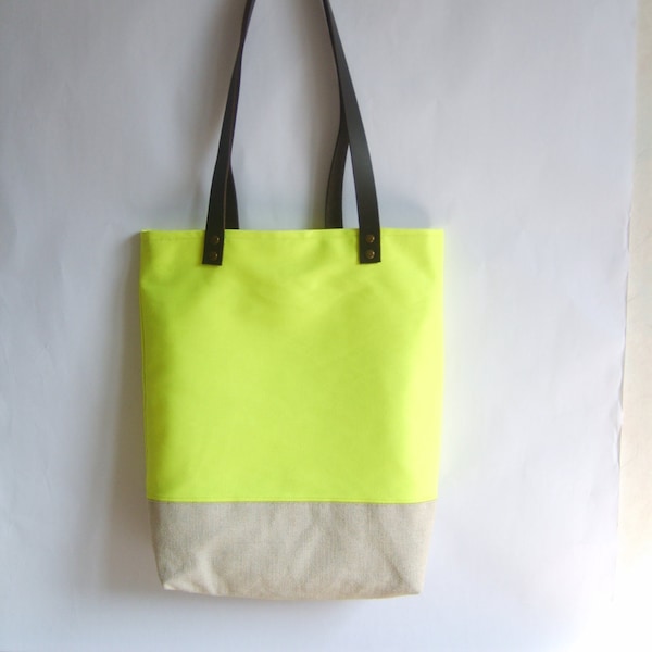 Sac fourre-tout jaune fluo, poignées en cuir, sac de plage, grand sac d’été