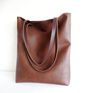 Leather tote bag, Large everyday casual tote bag, Chocolate brown vegan leather tote shoulder bag with real leather handles image 1
