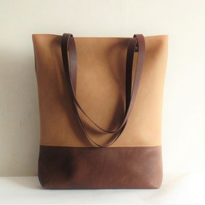 Leather tote bag, Large tote bag, Vegan leather tote, sandy beige, toffee, brown tote bag, real leather handles, Laptop bag, Work office bag