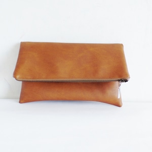 Vegan leather clutch, Leather clutch purse, Cognac brown clutch, Zipper clutch, Foldover clutch, Toffee brown clutch, Honey brown clutch image 1