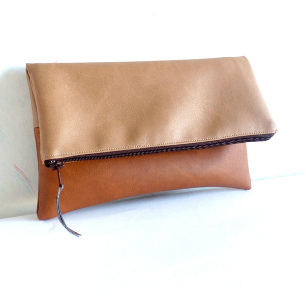 Leather clutch, Vegan leather colorblock clutch, Foldover clutch purse, Zippered clutch bag, Honey brown clutch, Cognac brown clutch