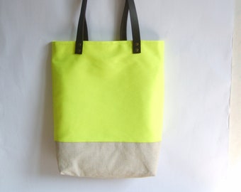 Neon yellow tote bag, leather handles, beach bag, large summer bag