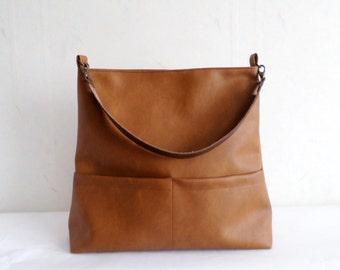 Leather tote bag, Vegan leather hobo bag with real leather handle, Casual shoulder bucket bag, Toffee brown bag, Honey brown bag, Cognac bag