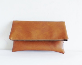 Vegane Leder-Clutch, Leder-Clutch, Cognac-braune Clutch, Reißverschluss-Clutch, Foldover-Clutch, Toffee-braune Clutch, Honigbraune Clutch