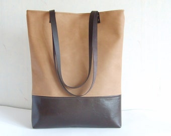 LederTasche, große Tragetasche, vegane Ledertasche, beige Tragetasche, braune Tasche, Schultasche, Buchtasche, Laptoptasche, Bürotasche, Arbeitstasche