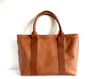 Leather tote bag, Honey brown shoulder bag, Vegan leather casual tote purse reinforced with real leather stripes and real leather handles