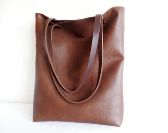 Leather tote bag, Large everyday casual tote bag, Chocolate brown vegan leather tote shoulder bag with real leather handles