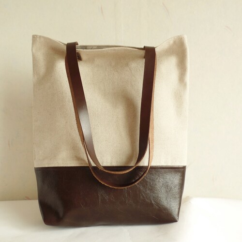 Leather and Linen Tote Bag Color Block Tote Bag Casual Tote - Etsy