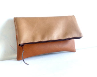 Lederen clutch, Vegan lederen colorblock clutch, Foldover clutch portemonnee, Zippered clutch bag, Honey brown clutch, Cognac brown clutch