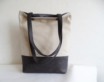 Linen and leather tote bag, Charcoal Gray tote, Canvas and leather tote, Large tote, Vegan leather tote, Oversized tote, School bag