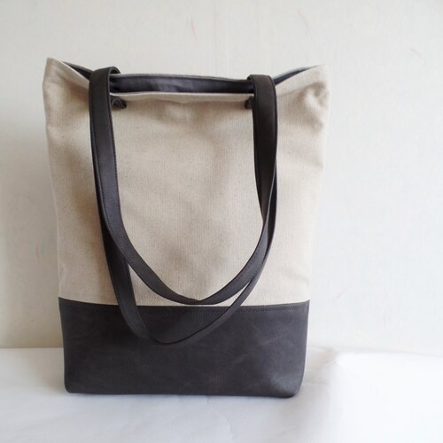 Linen and Leather Tote Bag Charcoal Gray Tote Canvas and - Etsy