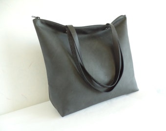 Large vegan leather zipper tote bag, Black leather tote, Real leather handles, Heavy duty tote bag, Carry all tote bag, Weekender bag