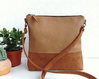 Vegan Leather Colorblock Crossbody Bag: Cognac Brown & Camel